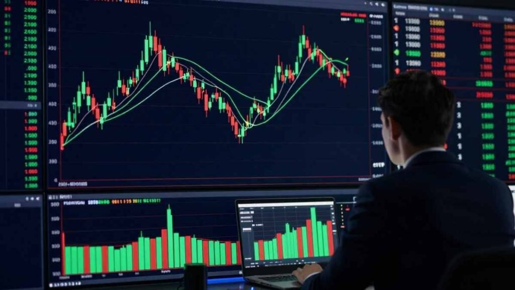 Ilustração representando um operador de day trade acompanhando gráficos financeiros em múltiplas telas, mostrando a dinâmica das operações de compra e venda realizadas no mesmo dia no mercado financeiro.