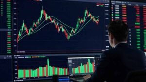 Ilustração representando um operador de day trade acompanhando gráficos financeiros em múltiplas telas, mostrando a dinâmica das operações de compra e venda realizadas no mesmo dia no mercado financeiro.