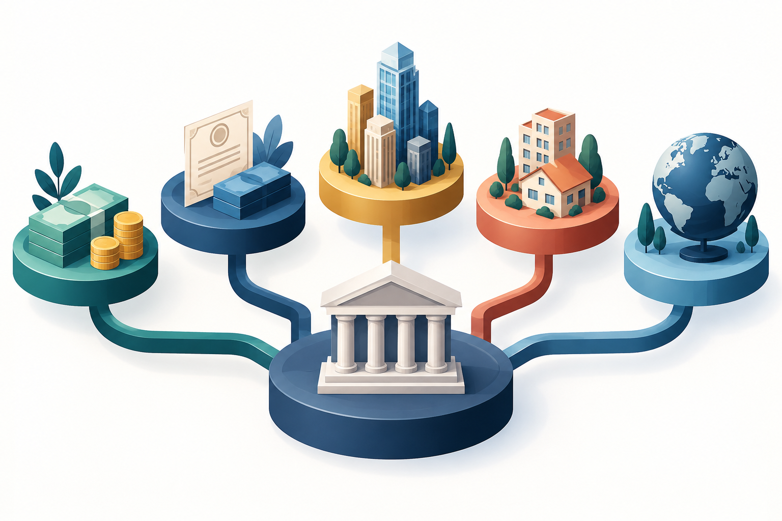 Ilustração de diferentes classes de ativos conectadas a uma carteira central: dinheiro, títulos, imóveis, empresas e mercados globais.