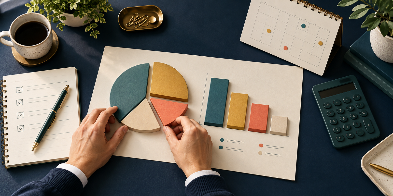 Mãos organizam um gráfico de pizza e barras ao lado de uma lista de tarefas, calendário e calculadora, representando o planejamento da alocação de investimentos.