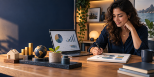 Investidora analisa gráficos ao planejar uma carteira de investimentos diversificada com renda fixa, ações e ativos globais.