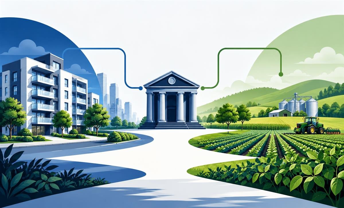 Ilustração com prédio residencial e plantação representando a diferença entre LCI e LCA
