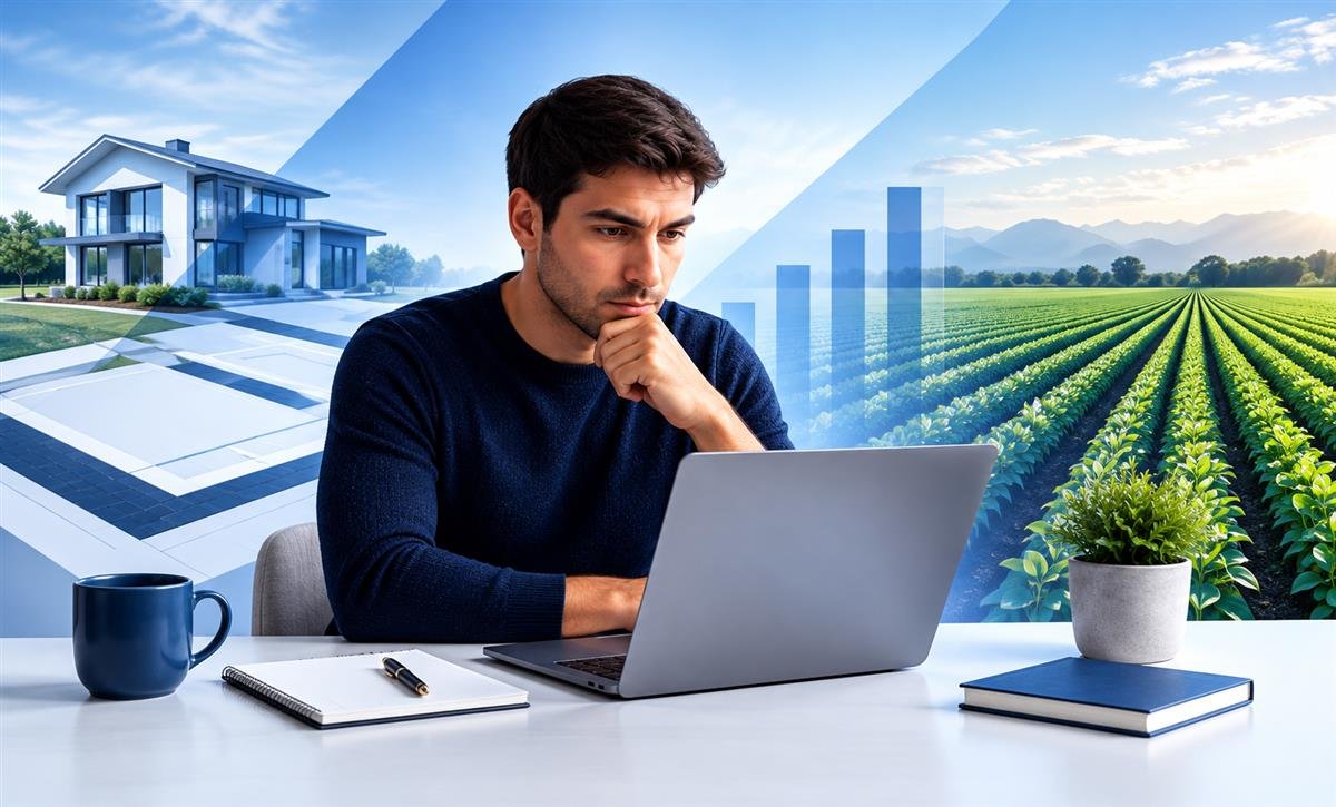 Pessoa iniciante analisando investimentos de renda fixa, com referências ao mercado imobiliário e ao agronegócio